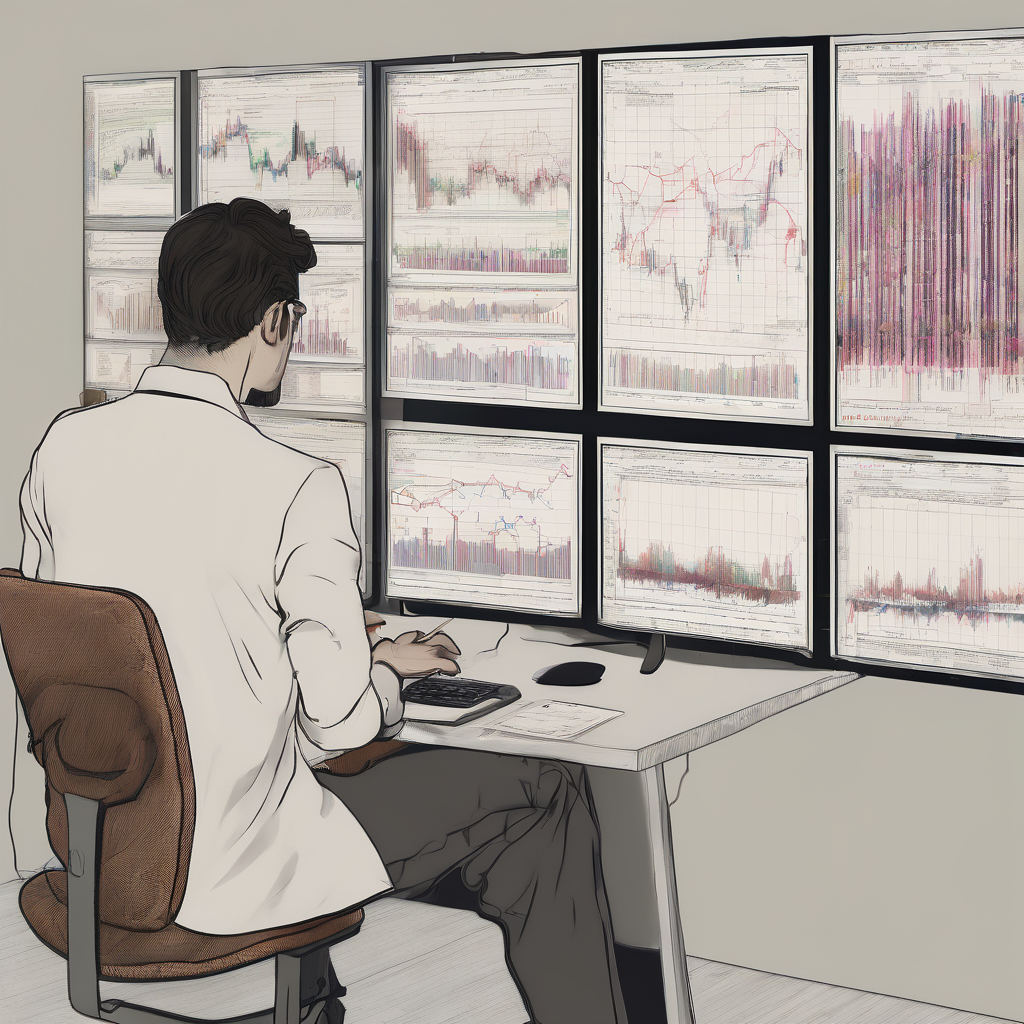 A person analyzing multiple financial charts on computer monitors.