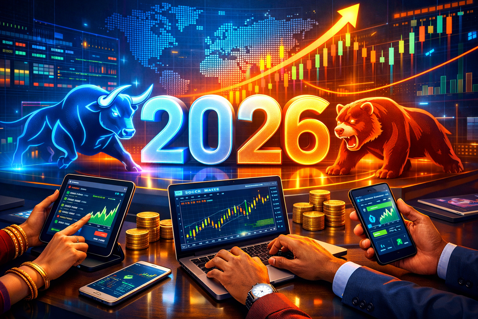 Vibrant, professional hero image showing a futuristic Indian stock market, digital charts, a bull and bear icon, and a glowing '2026' with d