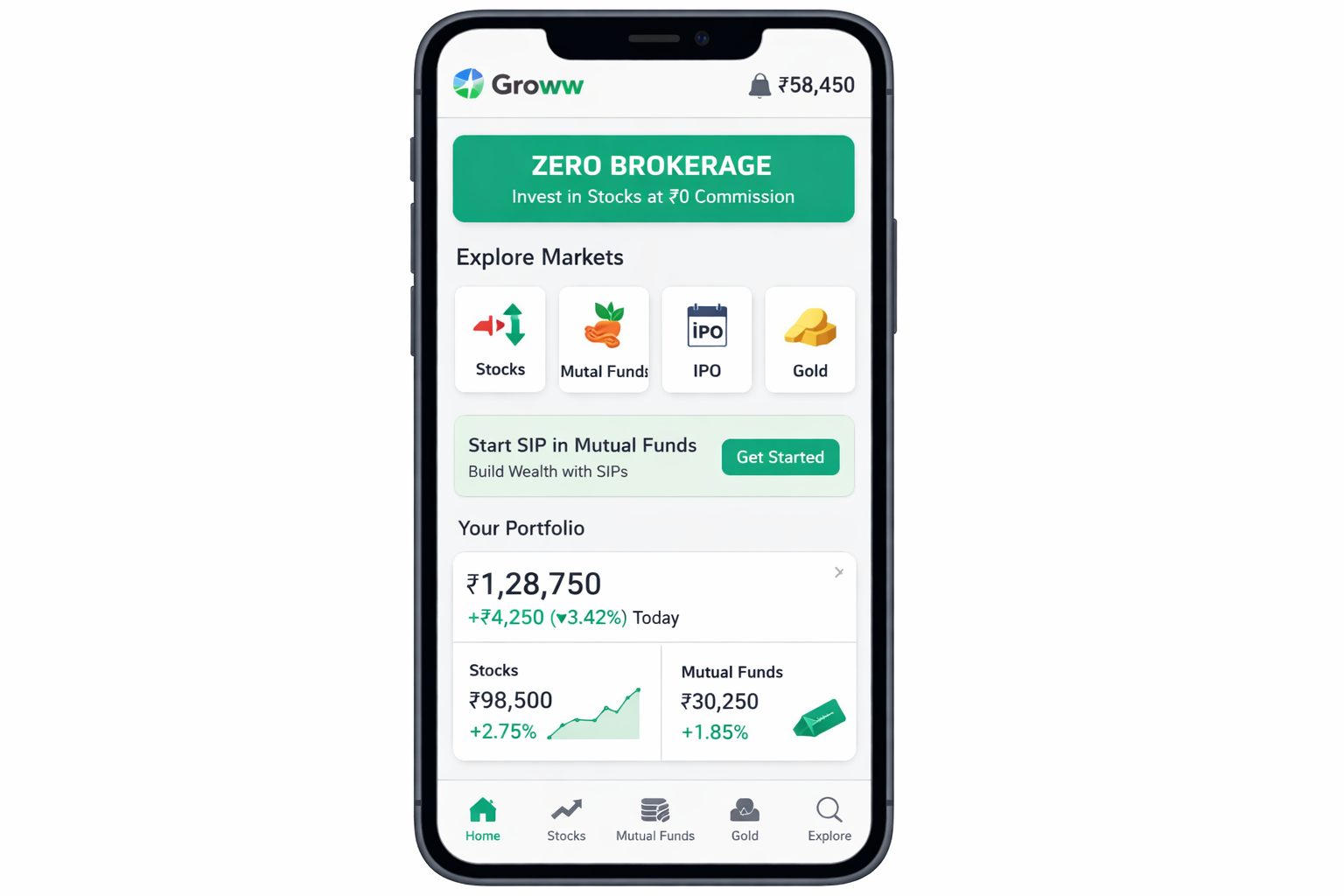 A clean, modern mobile app interface screenshot for Groww, highlighting its user-friendly design and a 'zero brokerage' label.